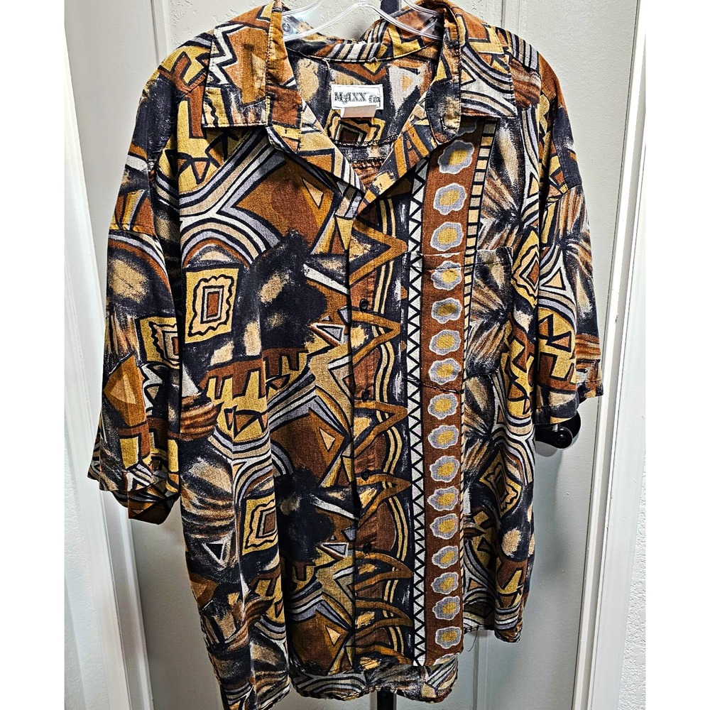 Vintage MAXX FM Men's XL Geometric Print Shirt Retro 80s 90s Brown Rust